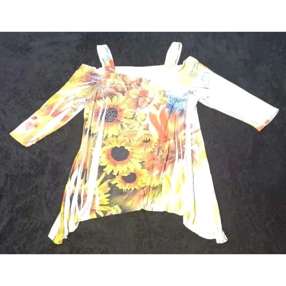 Pretty Woman 3/4 Sleeve Cold Shoulder Asymmetrical Hem Tunic Blouse L Sunflower